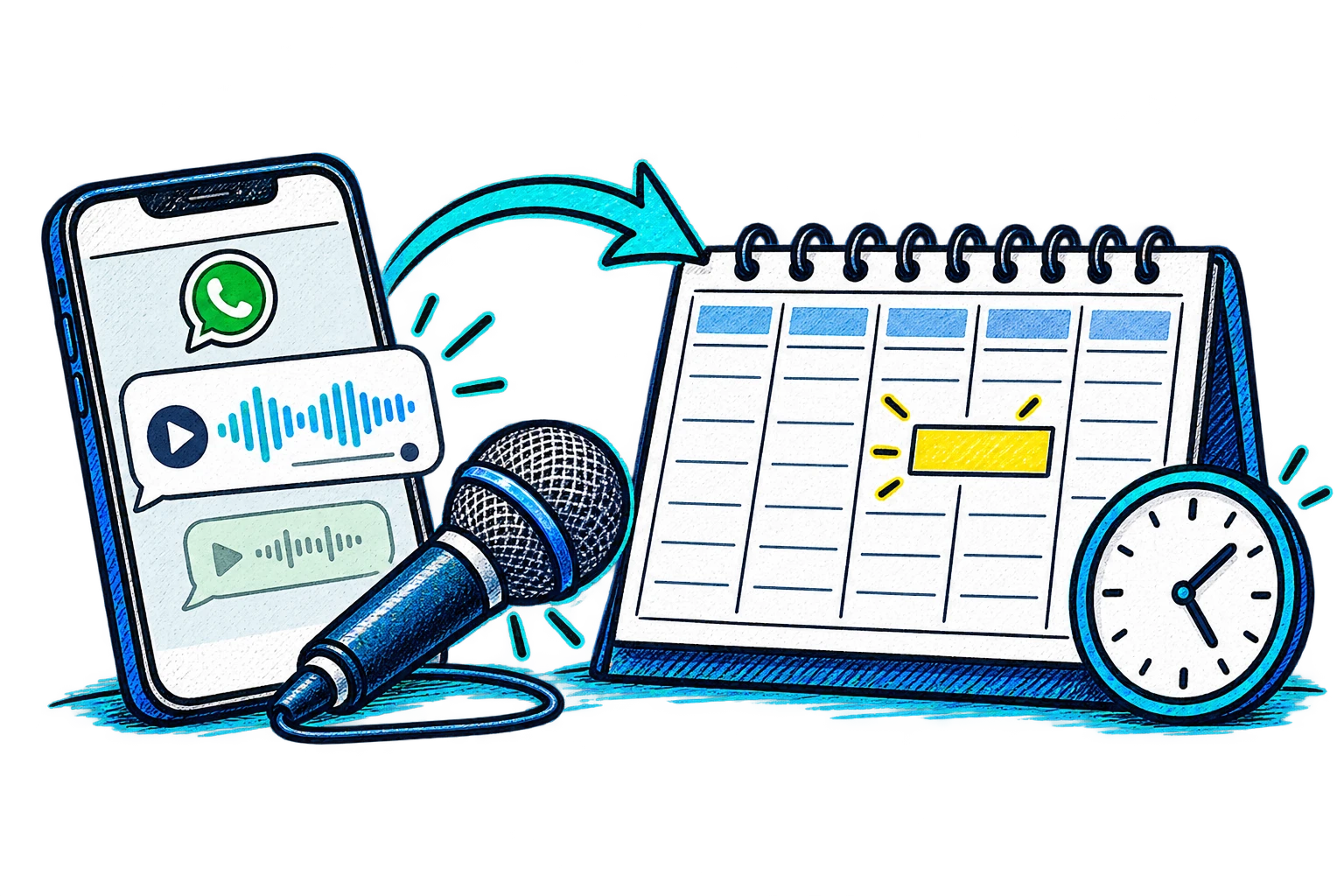 Um microfone e um áudio do WhatsApp conectados por uma seta a uma agenda com um compromisso destacado e um relógio.