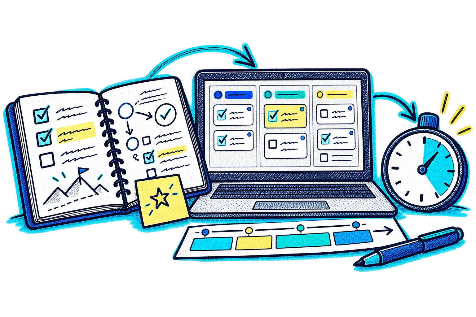 Um caderno de tarefas ligado a um computador com quadro de projetos, cartões de atividades e um temporizador para organizar o tempo.