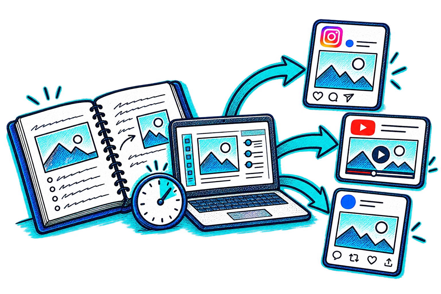 Um caderno e um computador distribuem conteúdo por setas para Instagram, YouTube e outras redes, com um relógio indicando agendamento.