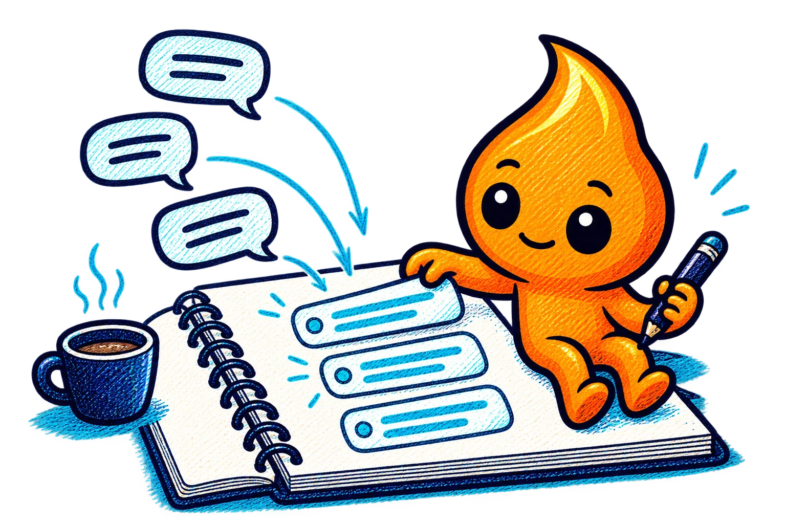 Bóris sentado em um caderno reúne balões de conversa em anotações organizadas, com um lápis na mão.