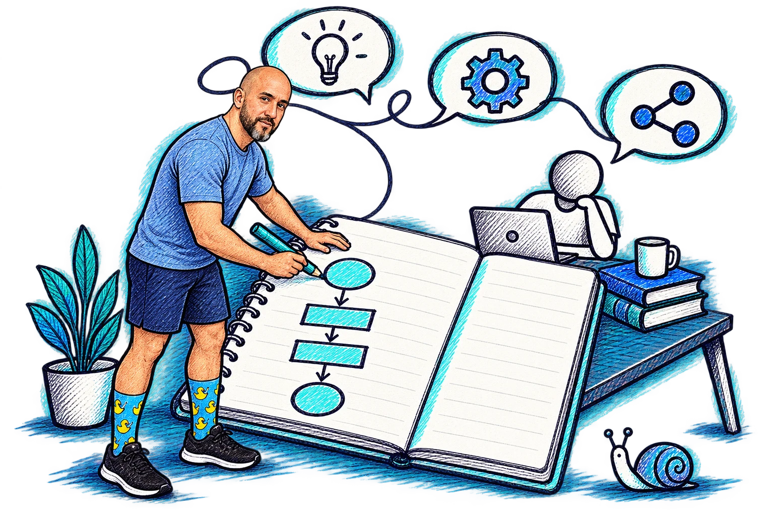 Mateus, de camiseta azul, shorts e meias de patinhos, desenha um processo no caderno enquanto outra pessoa experimenta no computador.
